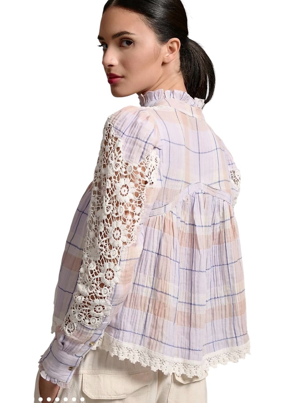 Light Purple Plaid Crochet Trim Button-Up Top - Picture 3 of 14